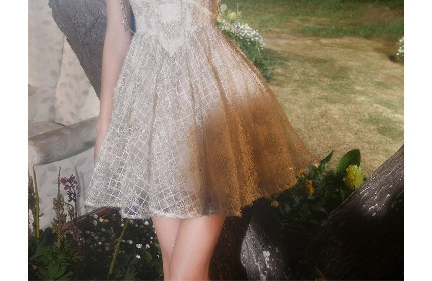 Spaghetti Strap Embroidered Glitter Mini A-Line Party Dress