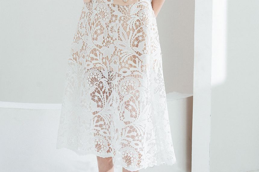 Set: Short-Sleeve Lapel Collar Button Shirt + Mid Rise Lace Midi A-Line Skirt