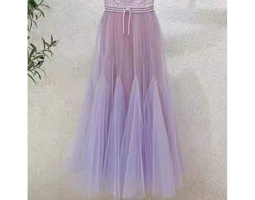 Short-Sleeve Mock Neck Embroidered Maxi A-Line Dress