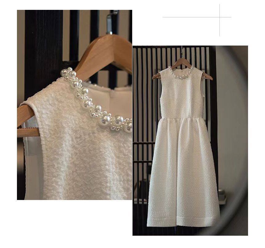 Sleeveless Crew Neck Faux Pearl Plain Midi A-Line Dress