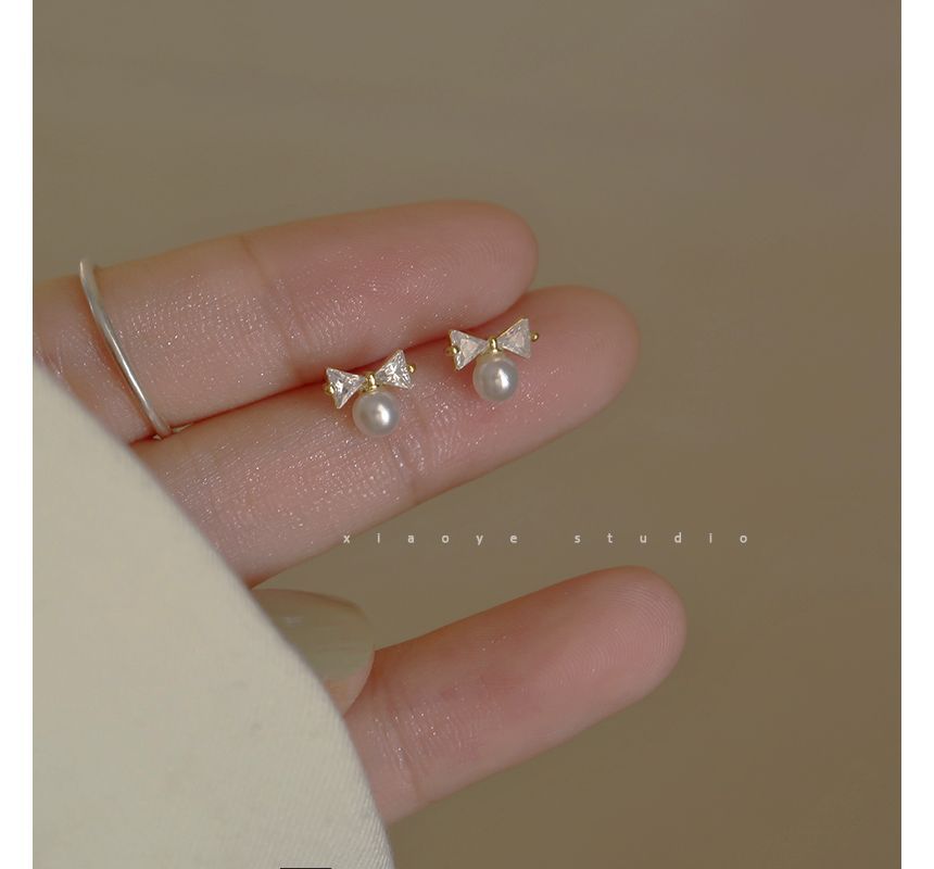 Bow Earring Silver Rhinestone Sterling Faux Pearl Stud