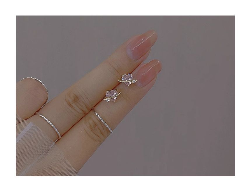 Sterling Heart Silver Stud Planet Earring Rhinestone