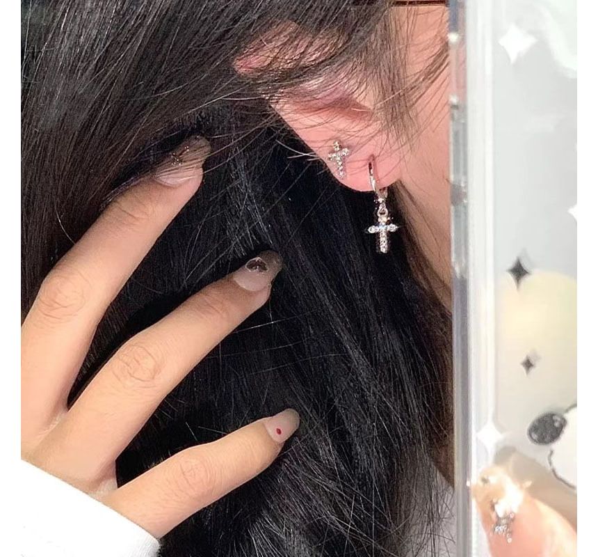 Earring Drop Alloy Cross Rhinestone Asymmetrical
