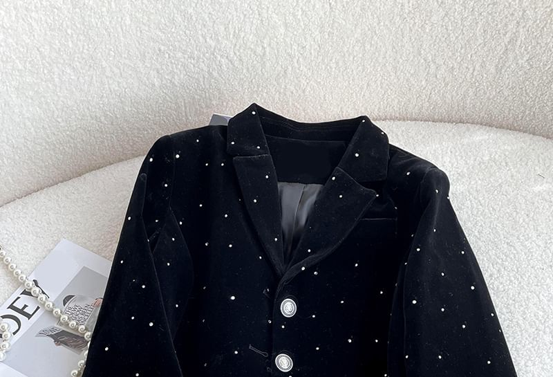 Long-Sleeve V-Neck Fluffy Trim Rhinestone Faux Pearl Buttoned Velvet Blouse