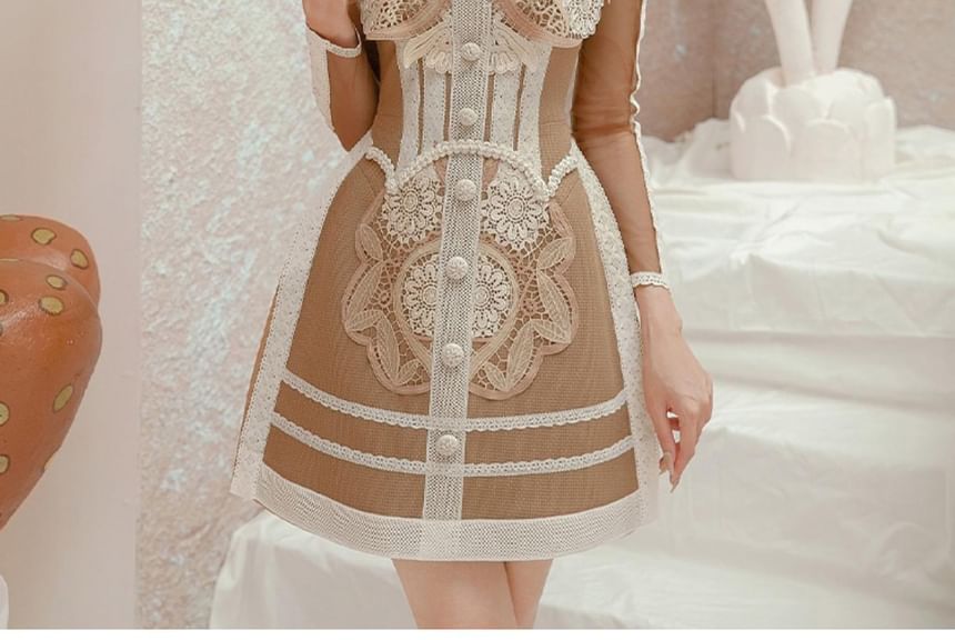 Long-Sleeve Paneled Button-Up Mini A-Line Lace Dress