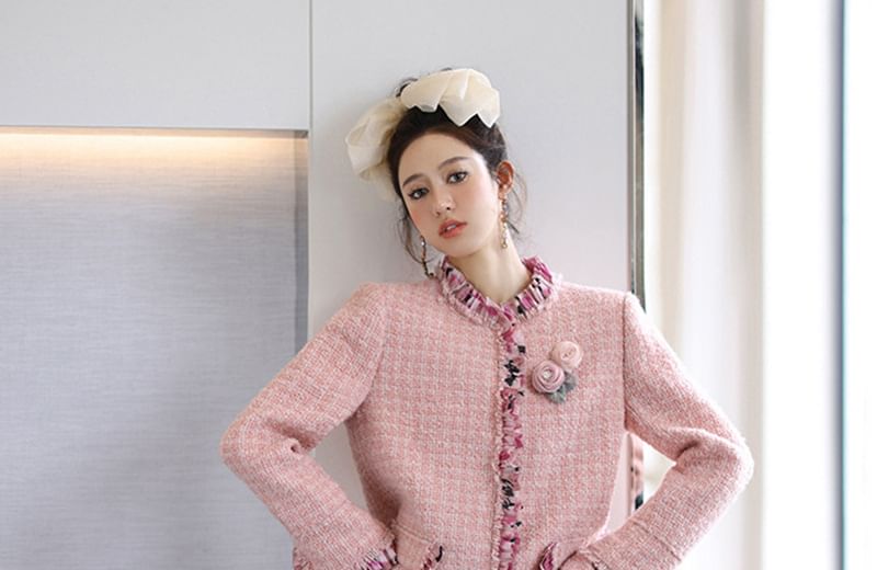 Set: Tweed Plaid Floral Printed Ruffle Trim Jacket + High Waist Mini A-Line Skirt