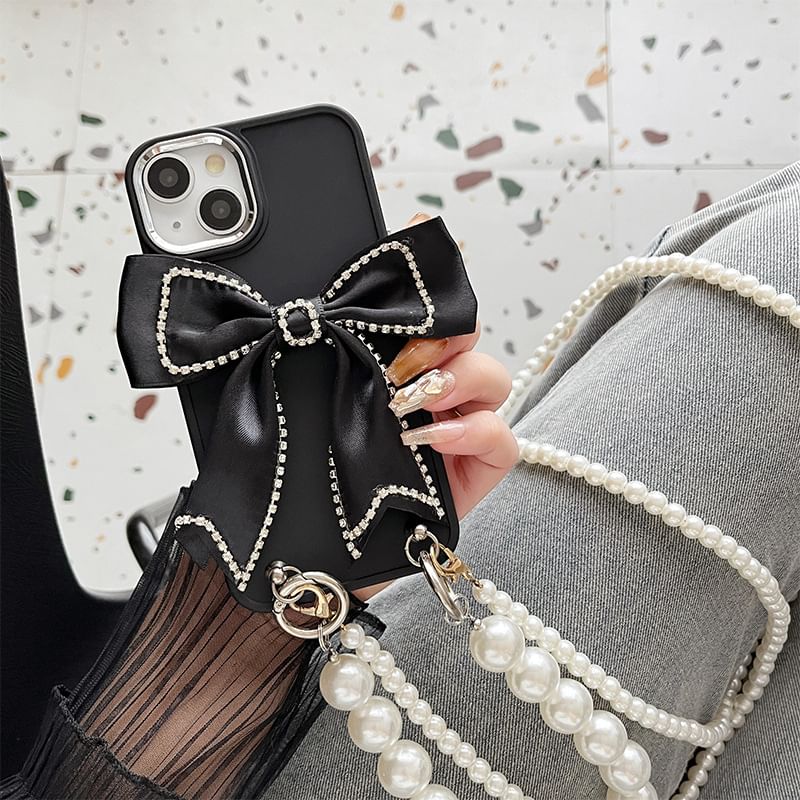Case Lanyard Phone Bow Pearl Faux