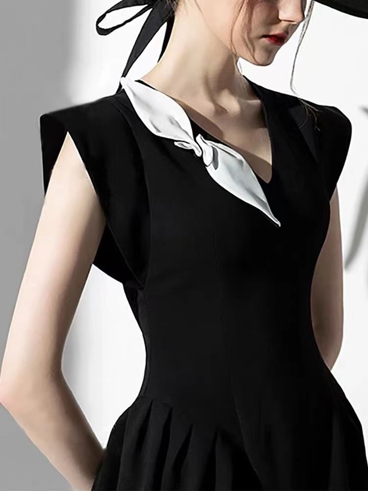 Sleeveless V-Neck Floral Plain Mini A-Line Dress