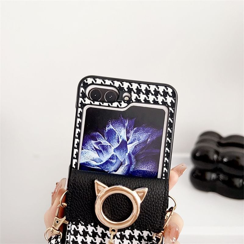 Houndstooth Case Pearl Phone Lanyard Faux Cat