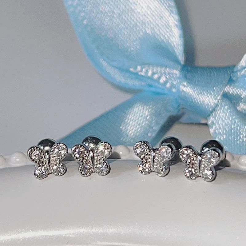 Barbell Butterfly Silver Earring Rhinestone Sterling