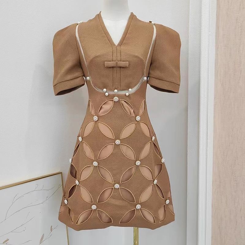 Puff-Sleeve V-Neck Plain Cutout Studded Mini A-Line Dress