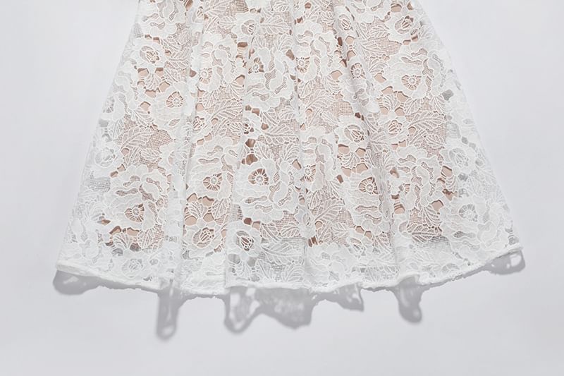 Spaghetti Strap Paneled A-Line Lace Evening Gown