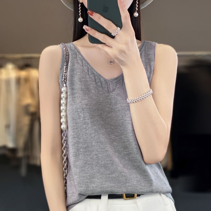 V-Neck Plain Perforated Knit Tank Top