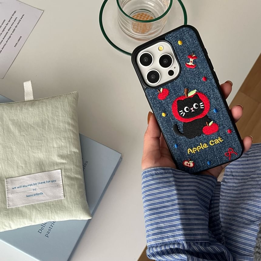 Cat Embroidered Denim Phone Case