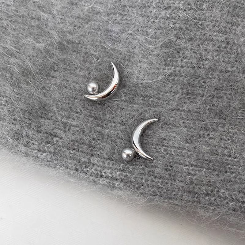 Faux 925 Earring Sterling Stud Crescent Silver Pearl