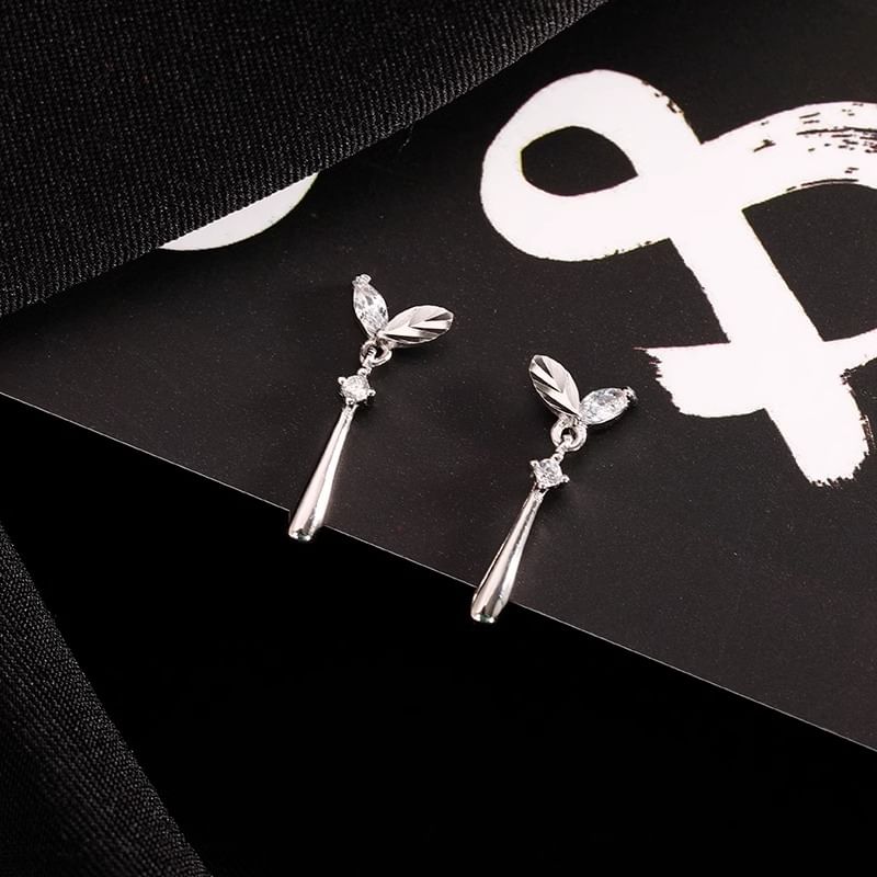 Leaf Silver Earring Drop 925 Sterling Rhinestone