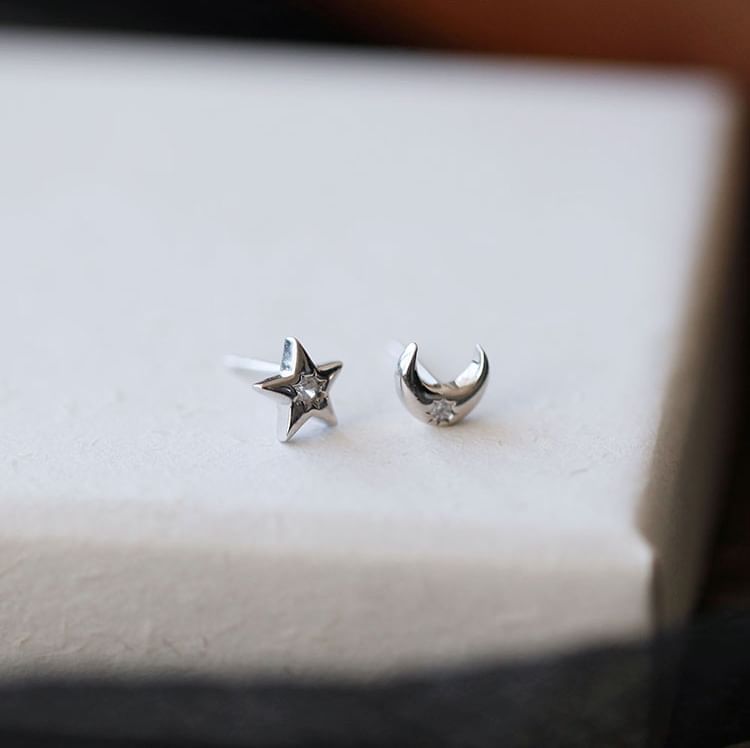 Moon Earring Asymmetrical Silver Star S999 Stud Rhinestone