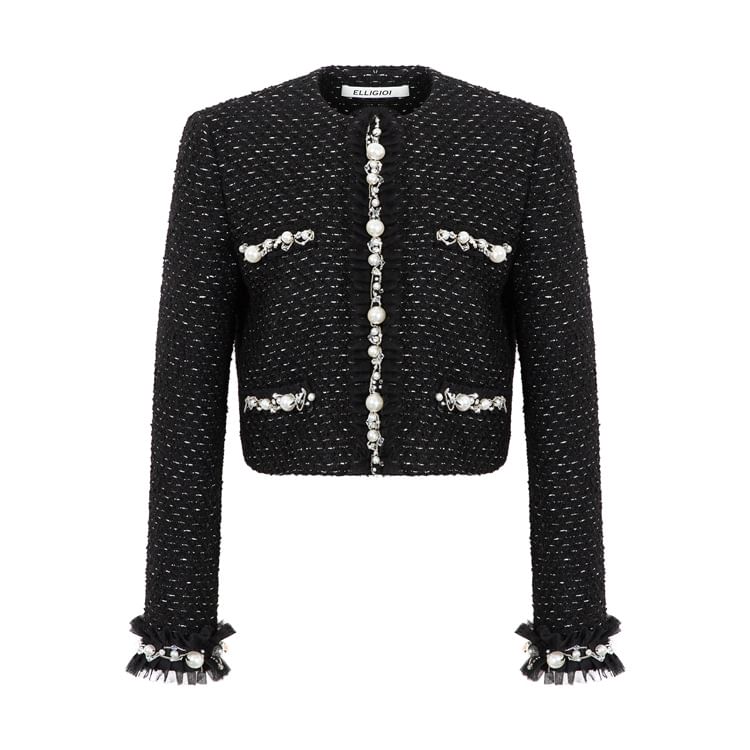 Patterned Fluffy Trim Faux Pearl Jacket