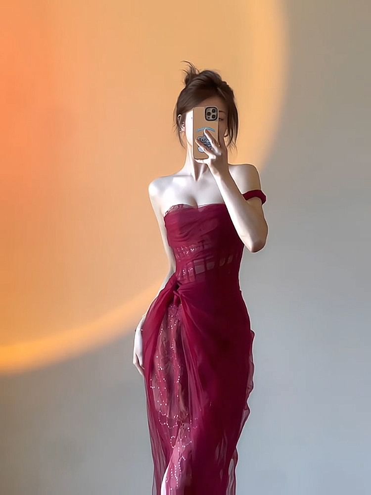 Sleeveless One-Shoulder Plain Mesh Slit Midi Corset Evening Dress