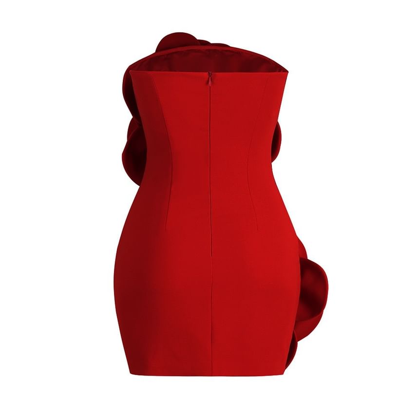 Strapless Plain Flower Detail Mini Sheath Dress