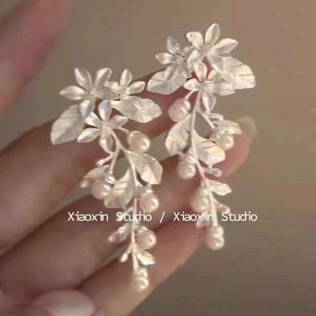Alloy Floral Earring Pearl Dangle Faux