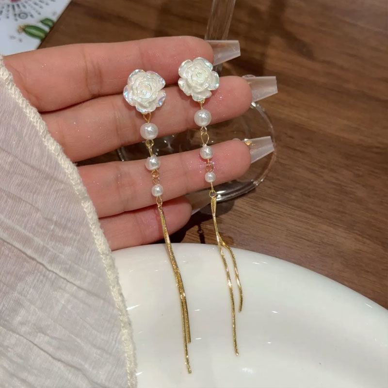 Alloy Earring Faux Pearl Threader Floral