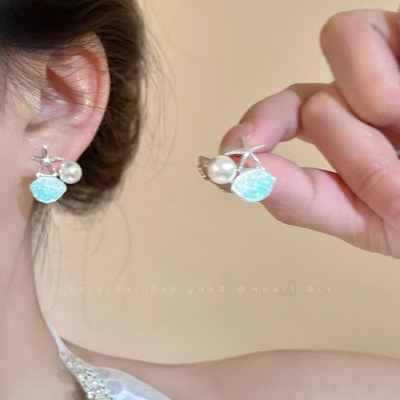 Earring Pearl Stud Faux Alloy Starfish Rhinestone