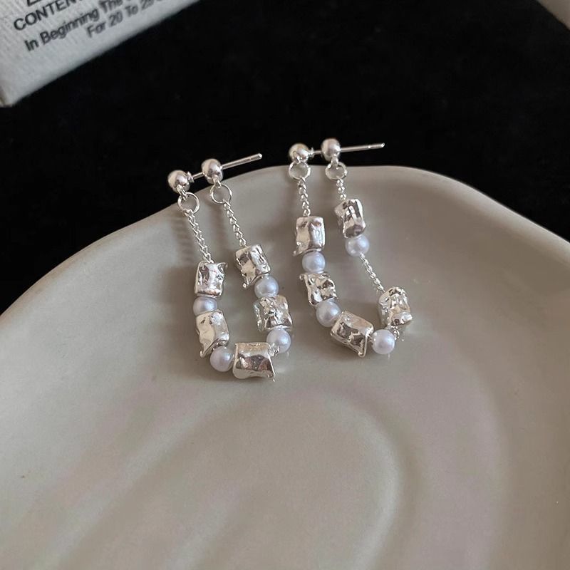 Dangle Hoop Earring Alloy Chain Pearl Faux