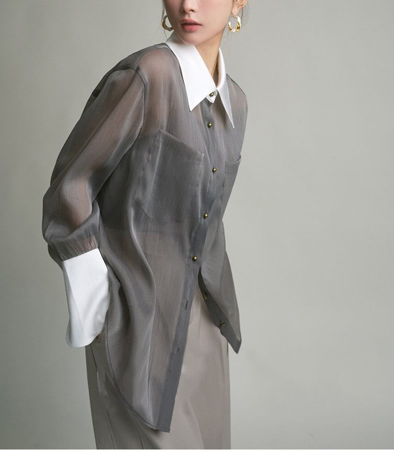 Set: Long-Sleeve Two Tone Sheer Shirt + Camisole Top