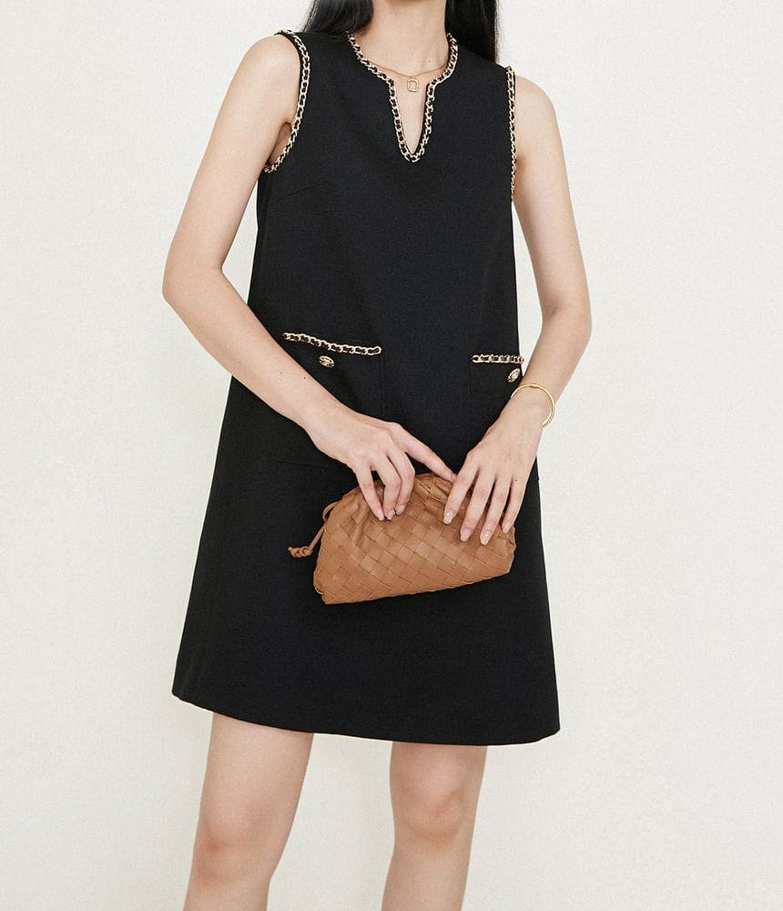 Sleeveless Notched Chained Trim Mini A-Line Dress