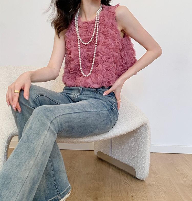 Sleeveless Crewneck Floral Accent Plain Crop Top