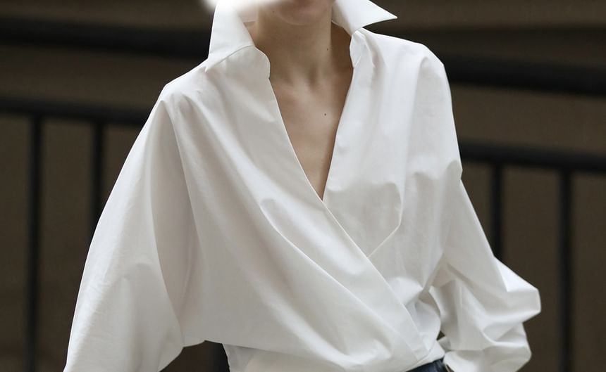 Puff-Sleeve V-Neck Plain Blouse