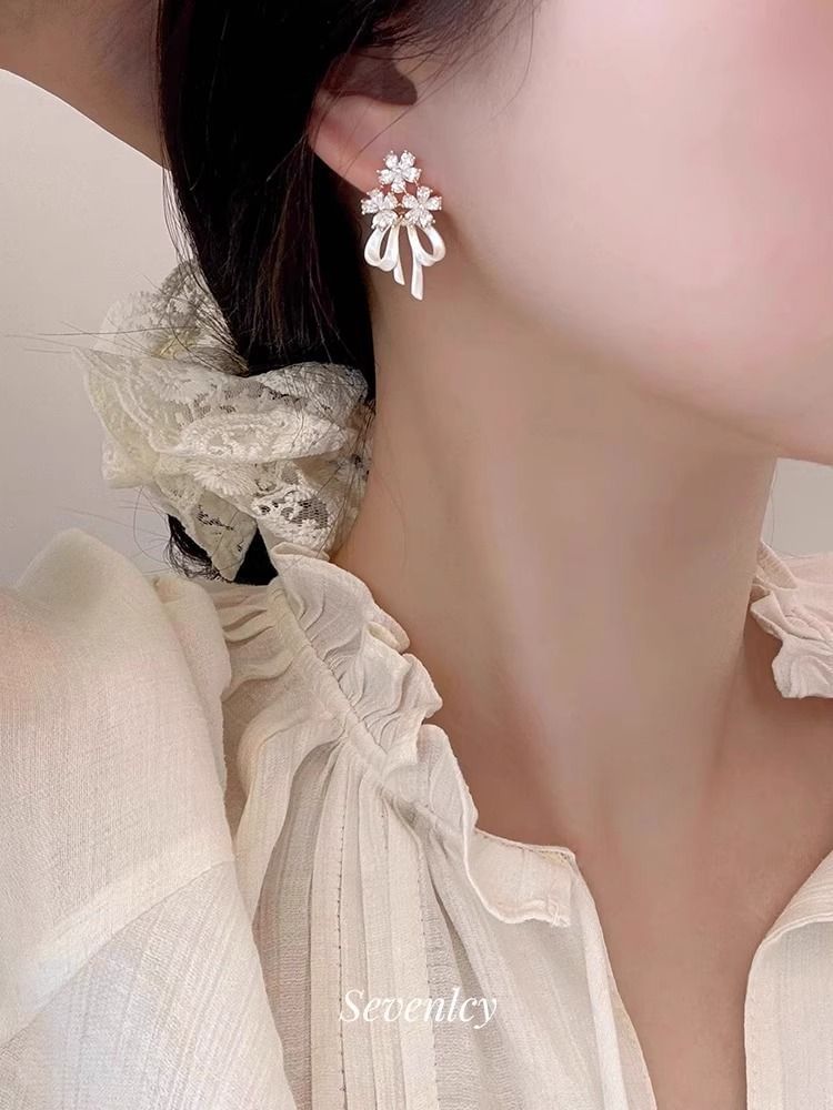 Drop Earring Bow Rhinestone Flower