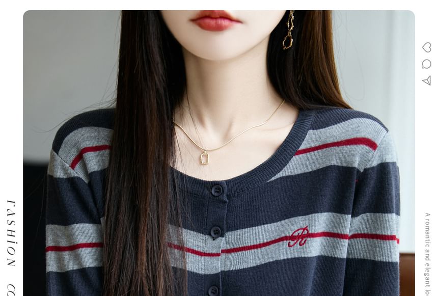 Striped Letter Embroidered Button-Up Cardigan