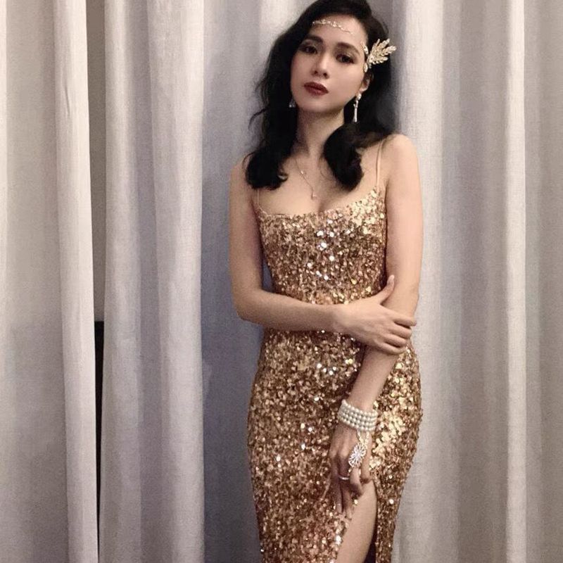 Spaghetti Strap Sequin Maxi A-Line Dress