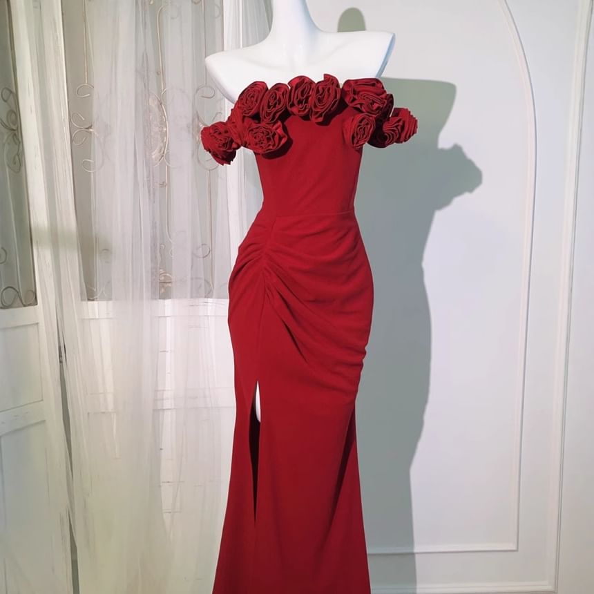 Short-Sleeve Off Shoulder Floral Accent Maxi A-Line Dress