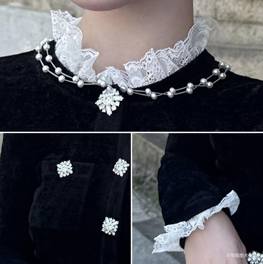 Long-Sleeve Frill Trim Plain Mini Mermaid Dress