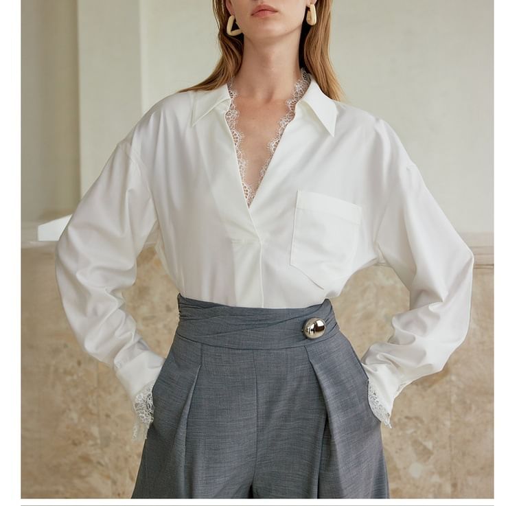 Long-Sleeve V-Neck Plain Lace Trim Shirt