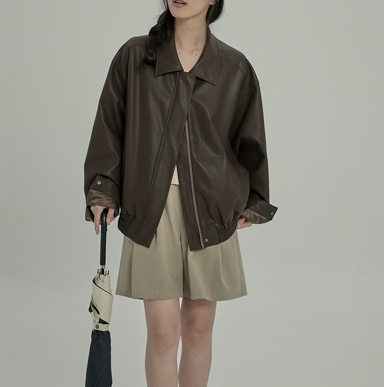 Collar Plain Faux Leather Zip Jacket