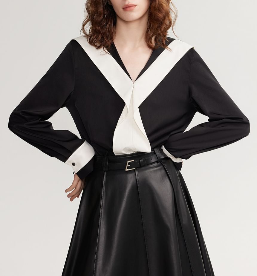 Long-Sleeve V-Neck Two Tone Blouse