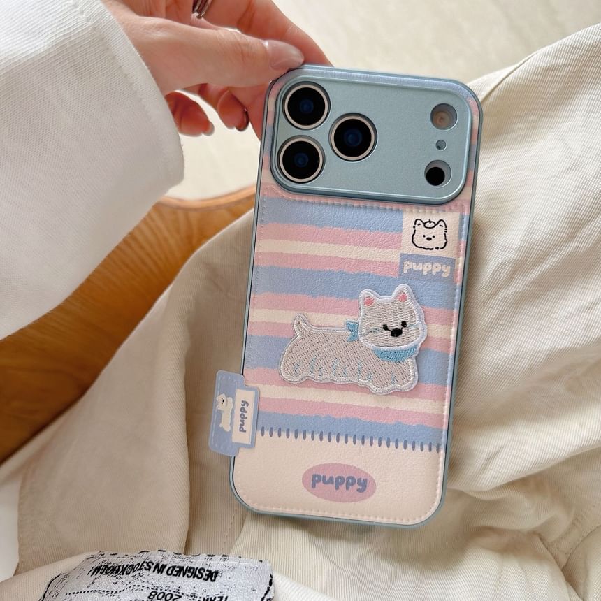 Dog Embroidered Striped Faux Leather Phone Case