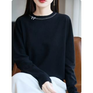 Long-Sleeve Crew Neck Rhinestone Accent Knit Top