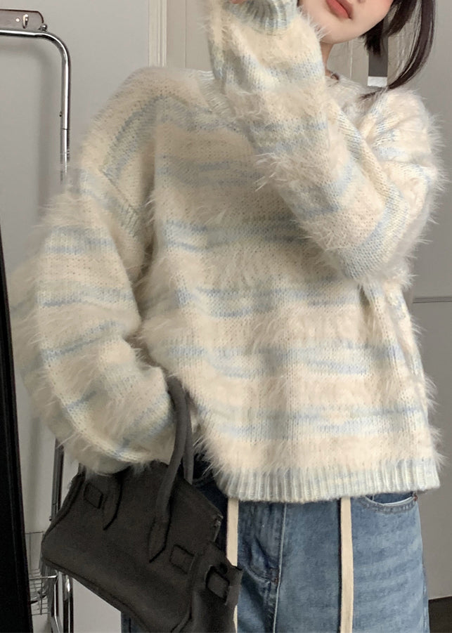 Pull en velours de vison bleu clair à rayures et col rond, collection printemps YJ009
