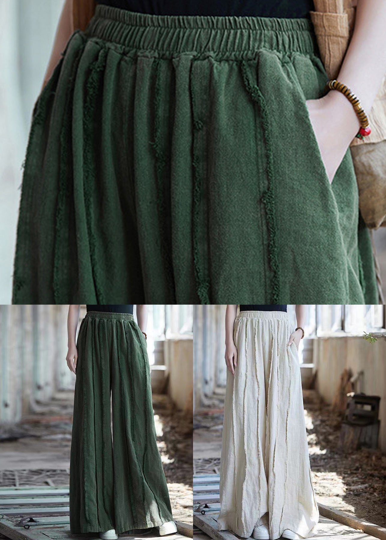 Leinenhose mit weitem Bein und Taschen, hohe Taille, QE047