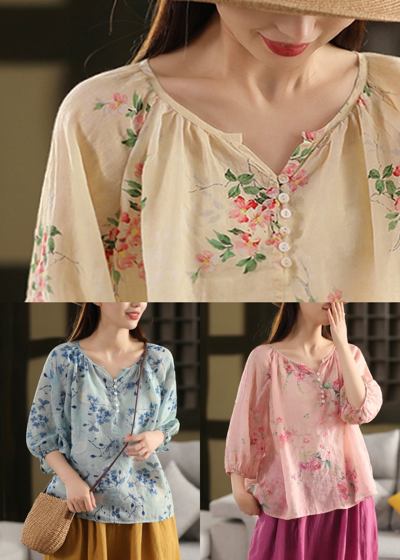 Loose Blouses Thin Apricot Button Print Linen Summer