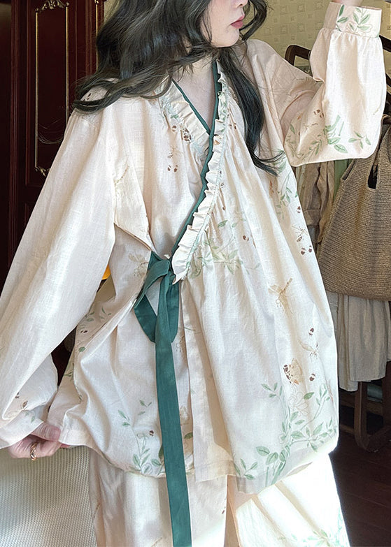 Up Two Cotton Lace Pieces Ruffled Apricot Pajamas Loose Set Print