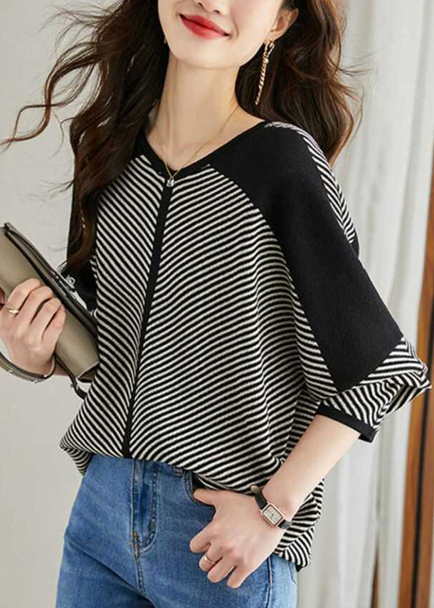 V Patchwork Apricot Loose Neck Striped Pullover Frühlingsstrick