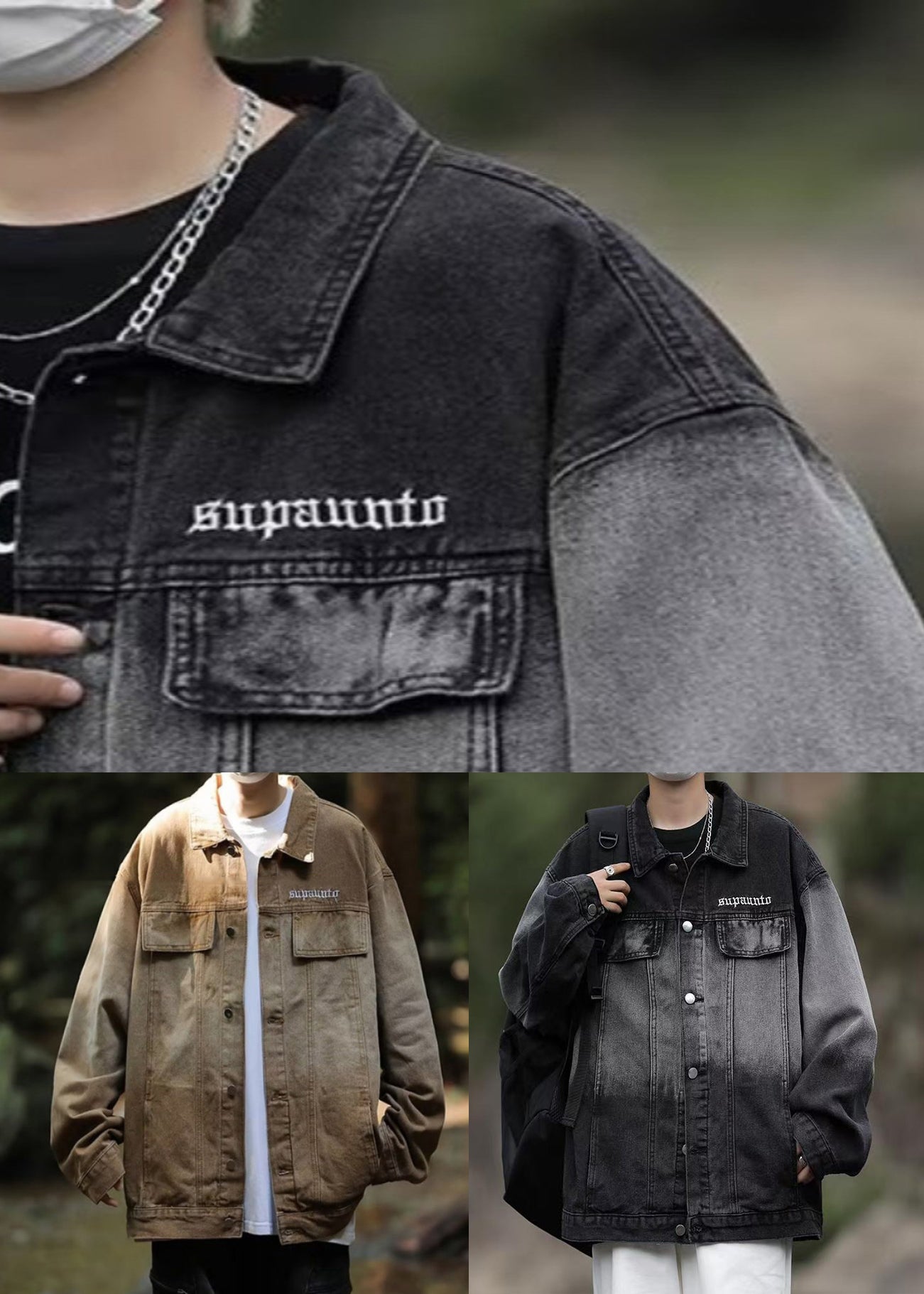 TC044 Color Coats Denim Gradient Spring Mens Loose Pockets Black
