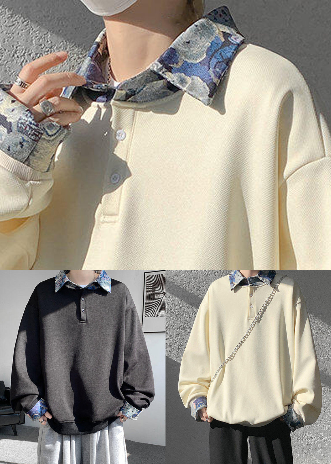 Pan Mens Cotton Collar Black Patchwork Sweatshirts Peter Loose
