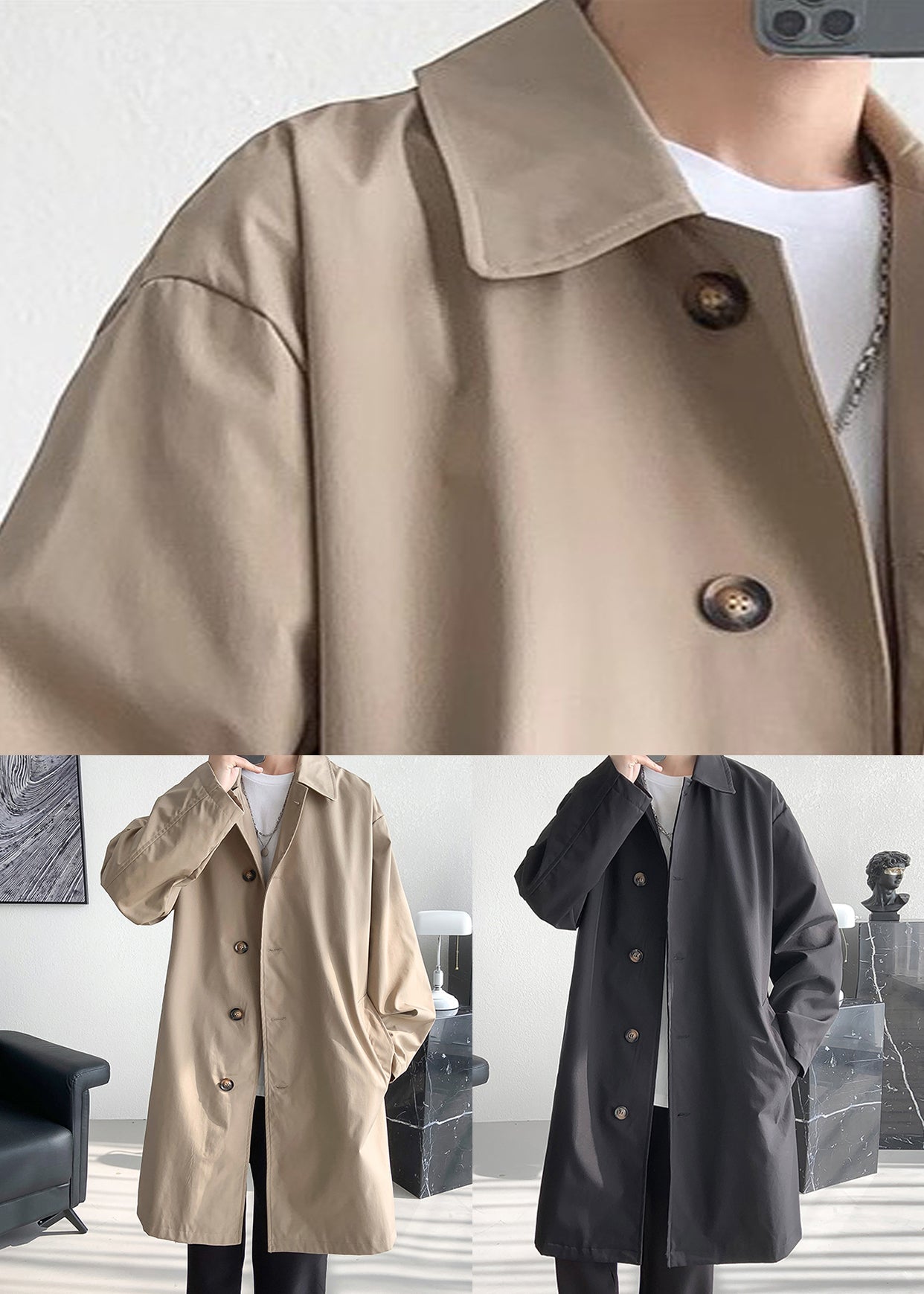 Loose Black Peter Pan Collar Pockets Cotton Coats Men Coat Spring YQ005
